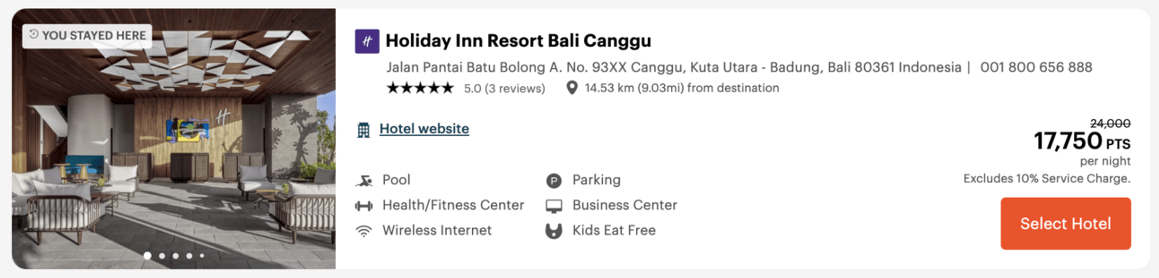 Screenshot of hotel stay of 17,750 points