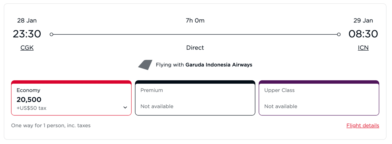 Example of a flight on Garuda Indonesia for 20,500 Virgin miles
