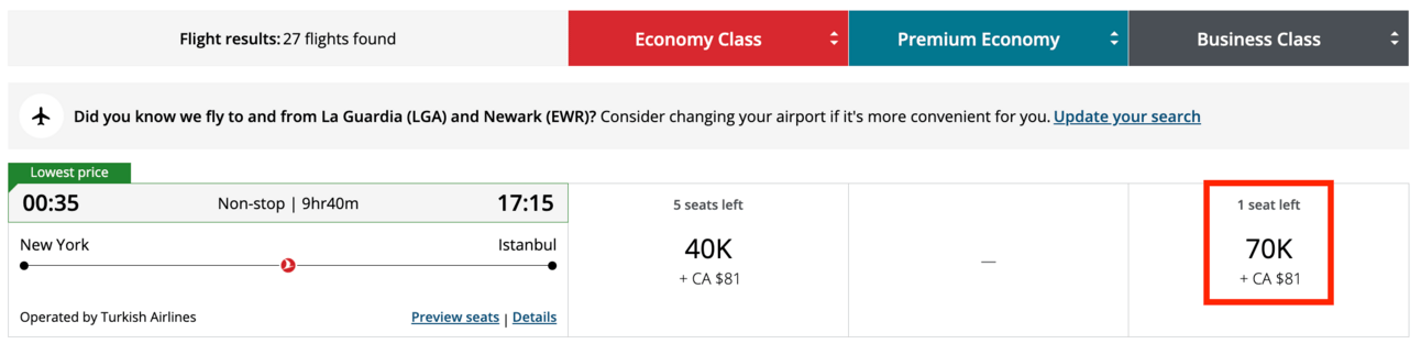 New York to Istanbul for 70,000 Aeroplan points