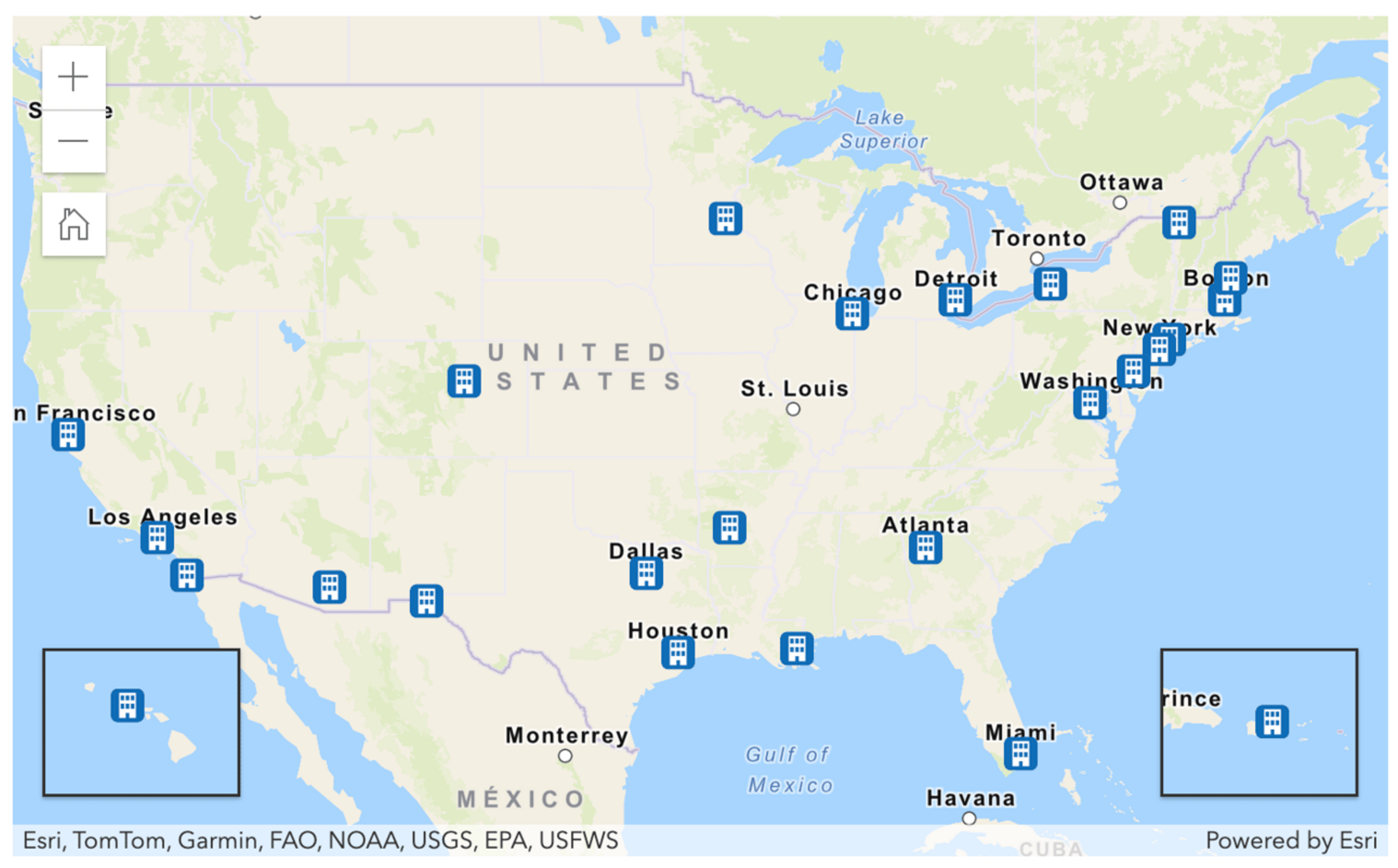 A map of the locations where you can have a U.S. passport made on the same day