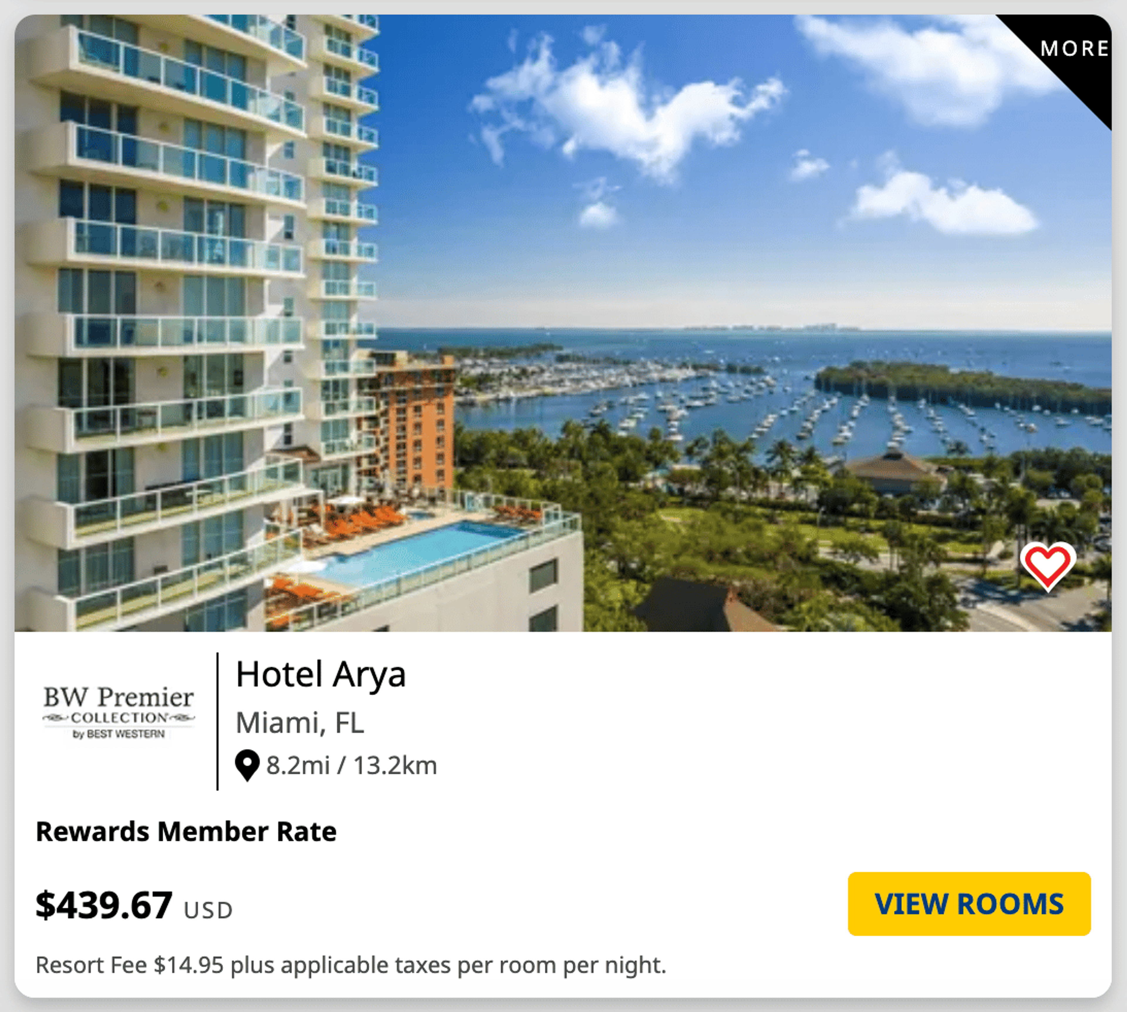 A sample booking from Best Western for a hotel in Miami Beach that is priced at over $400 per night