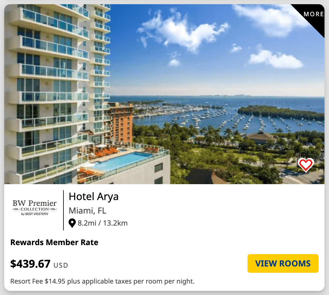 A sample booking from Best Western for a hotel in Miami Beach that is priced at over $400 per night