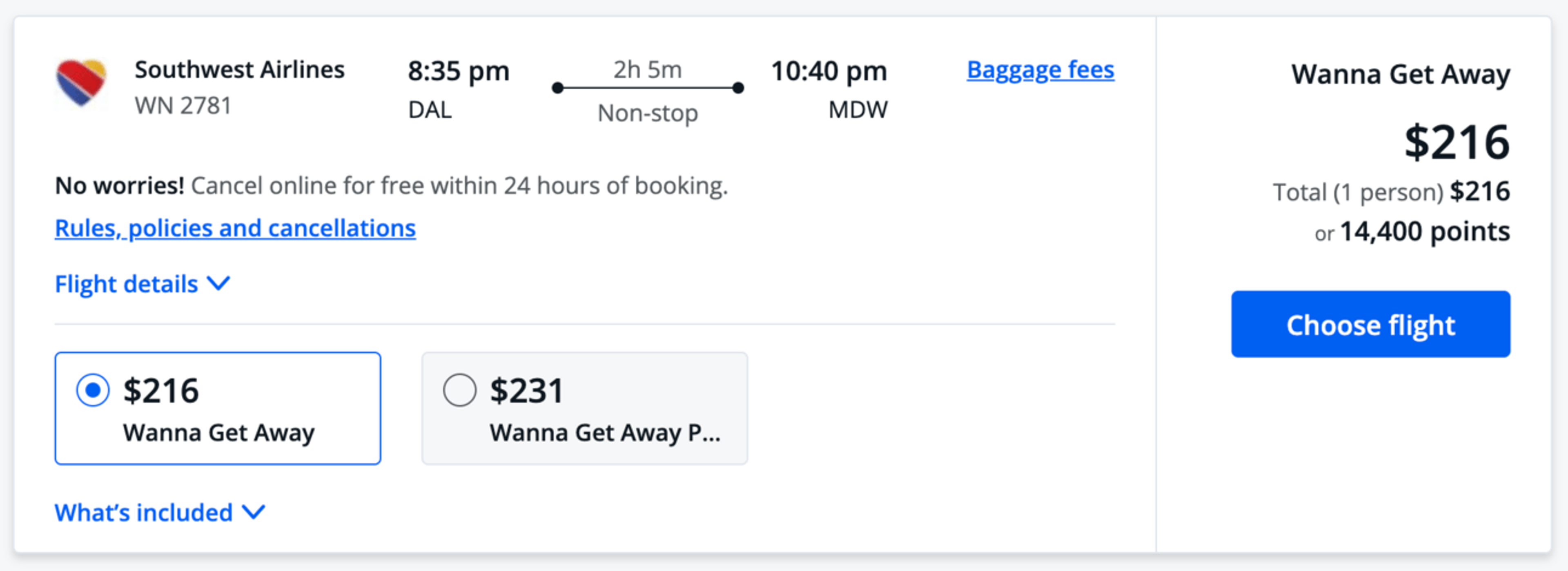 An example of a Southwest booking in the Chase portal