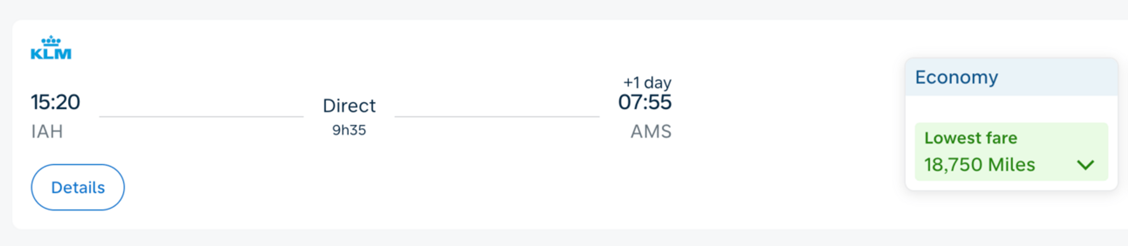 Example of a nonstop flight from Houston to Amsterdam for 18,750 Flying Blue miles