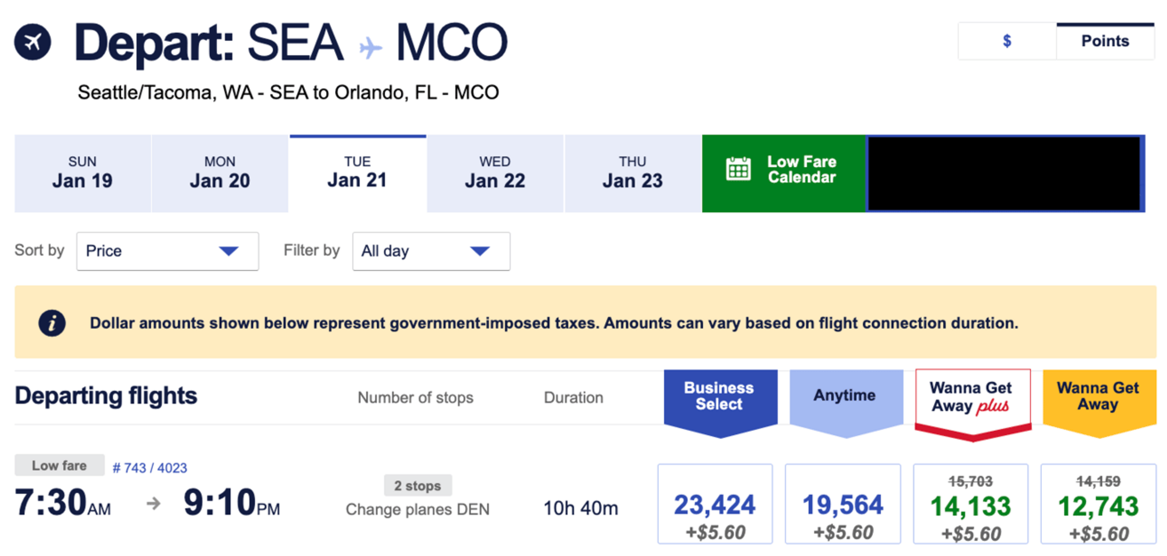 Example of a flight from Seattle to Orlando for 12,700 Southwest points