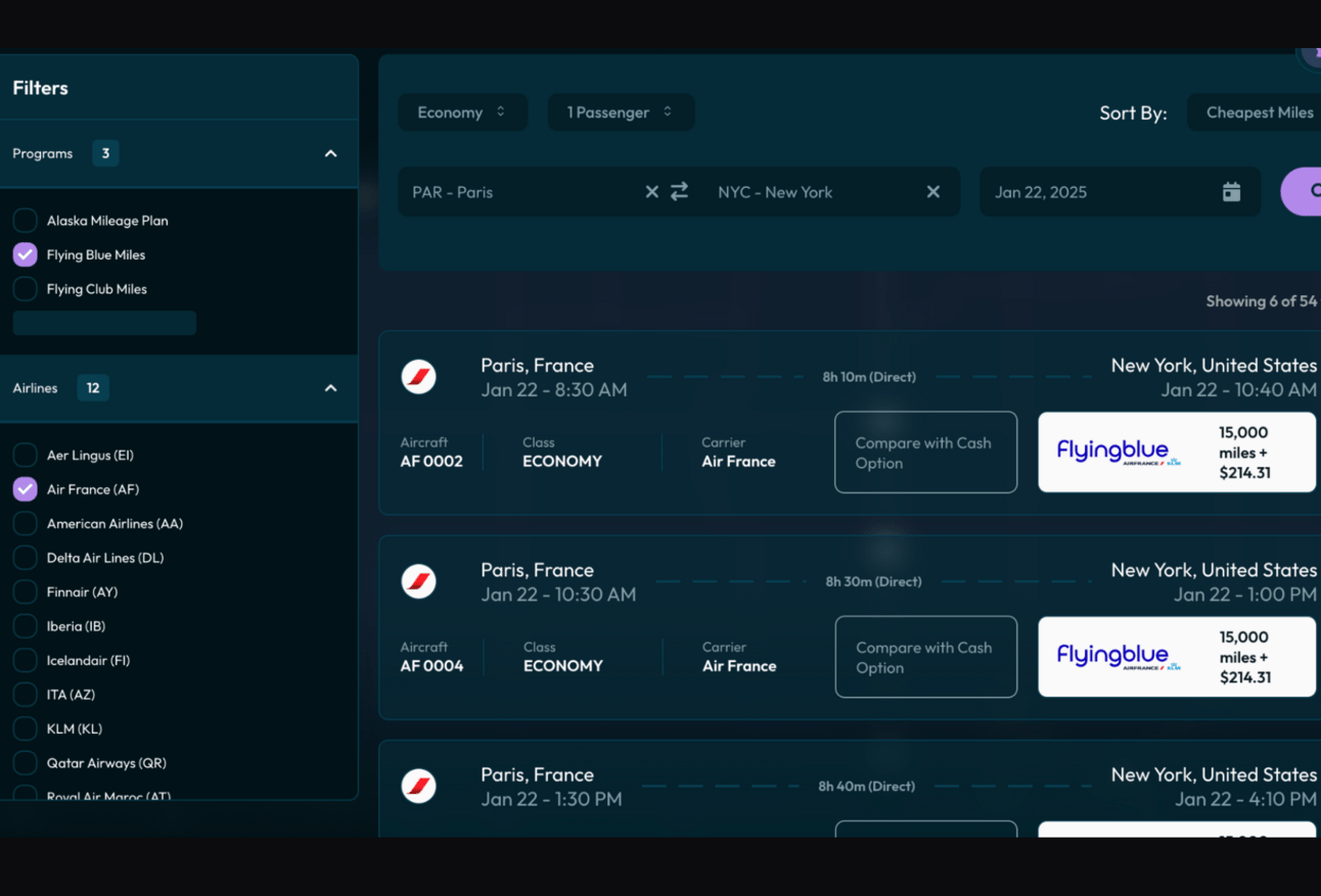 Example of using Daily Drop Pro to find Flying Blue flights
