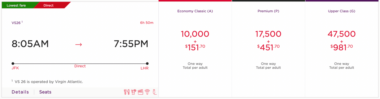 JFK-LHR for 10,000 Virgin Atlantic miles