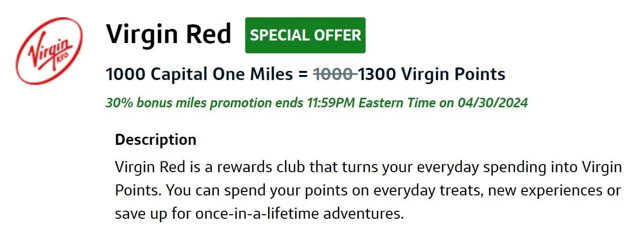 30% Transfer Bonus to Virgin Red