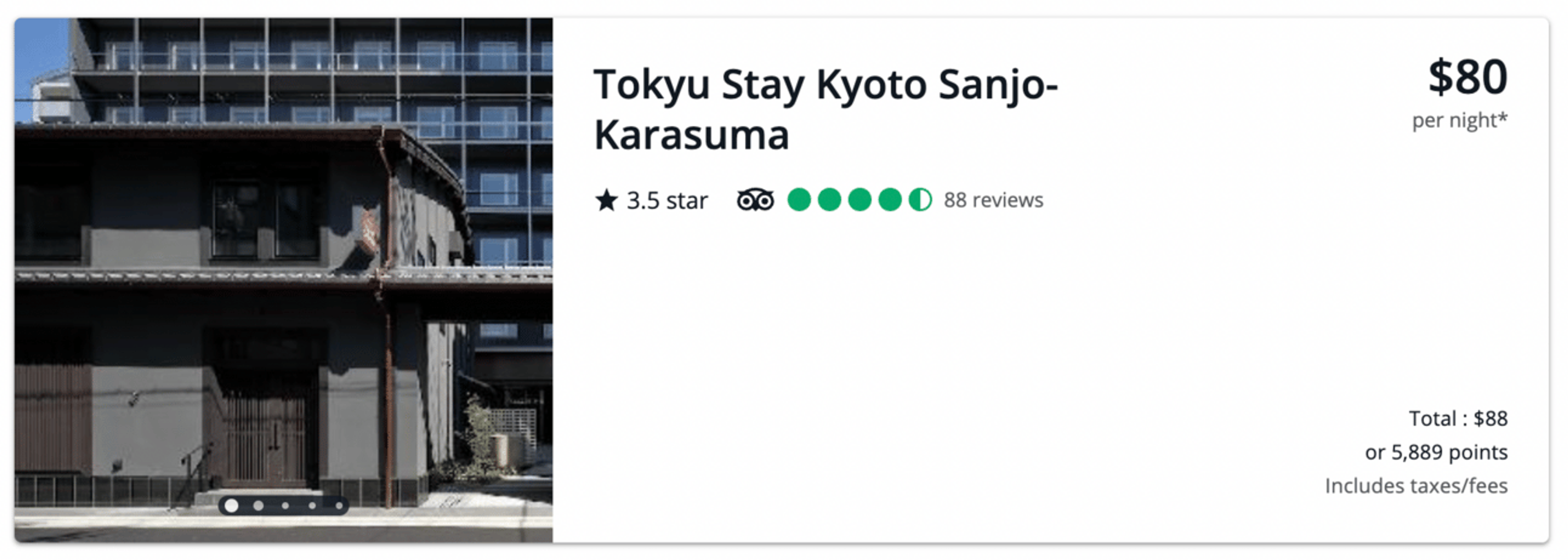 An example of a cheap hotel in Kyoto booked through the Chase travel portal