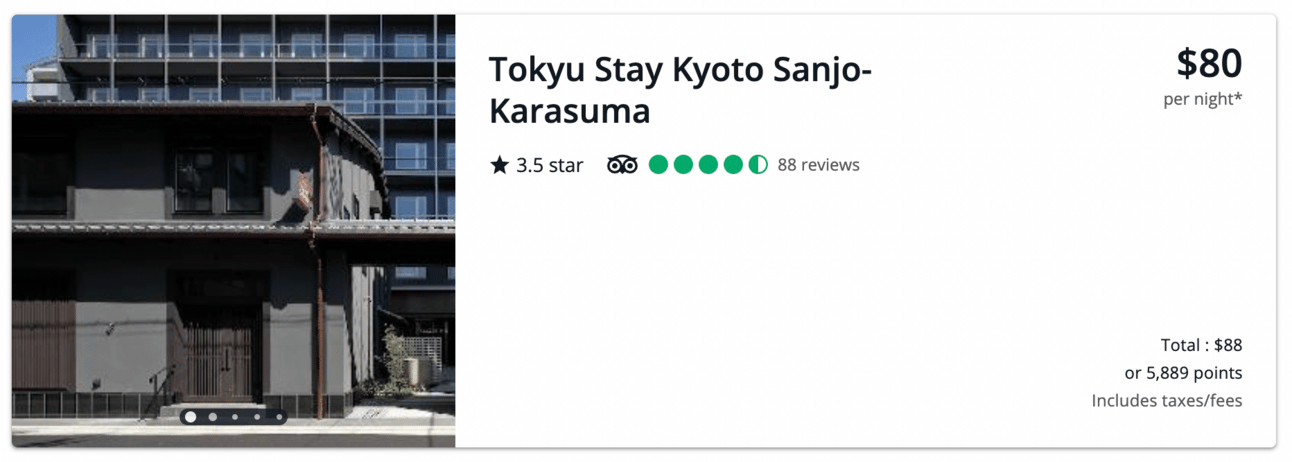 An example of a cheap hotel in Kyoto booked through the Chase travel portal