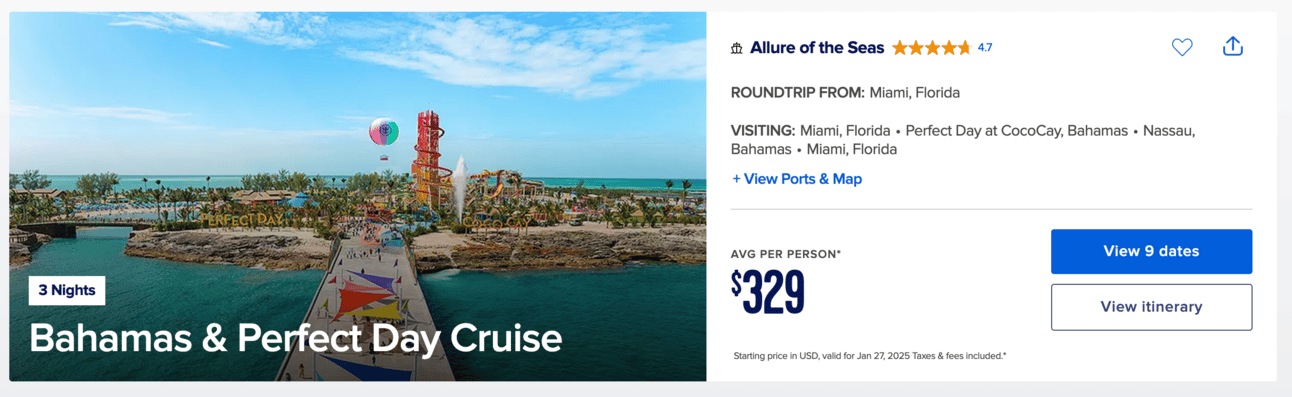 Example of a 3-day Bahamas cruise for $329 per person