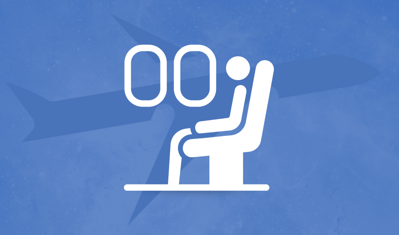 A passenger in an airline seat graphic with a blue background