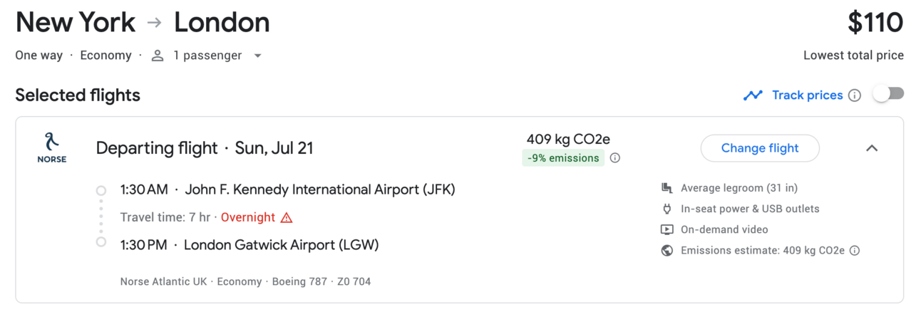 Sample flight from New York to London for $110