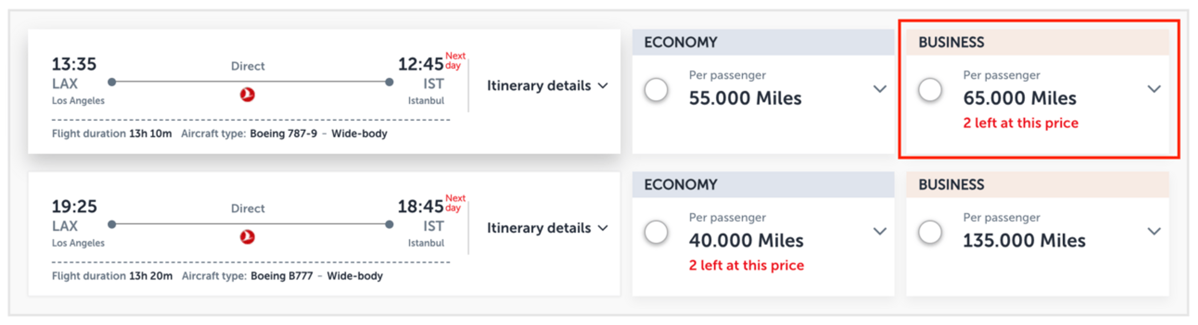 LAX-IST for 65,000 Turkish miles in business class
