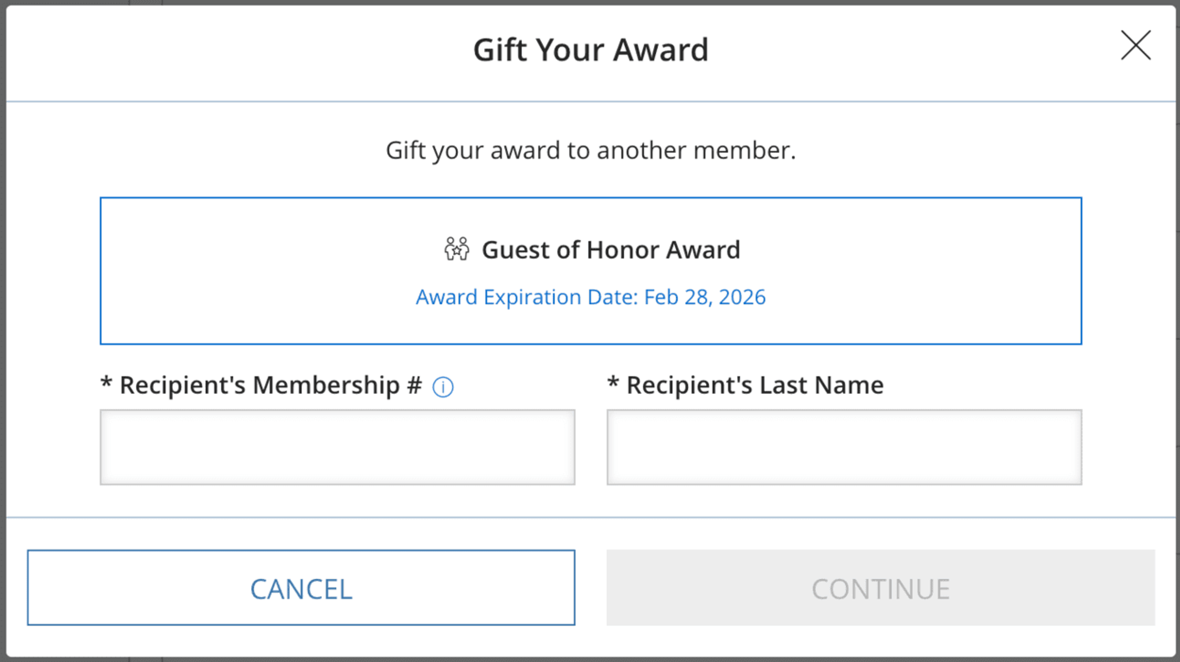 Screenshot showing the ability to gift Hyatt awards to other members