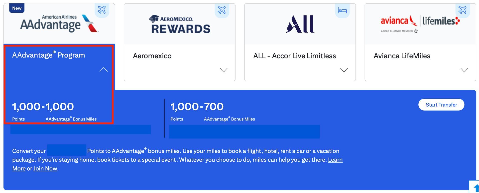 ThankYou points to AA at a 1:1 ratio