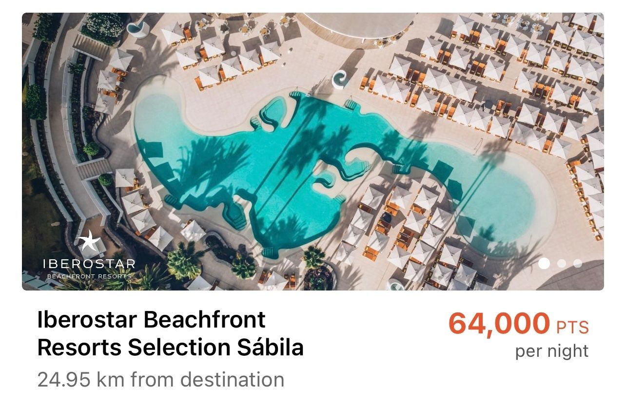 A screenshot of an Iberostar hotel in Tenerife that costs 64k points per night