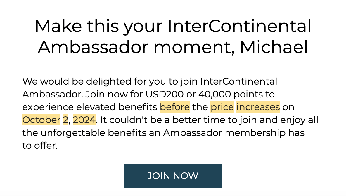 Email from IHG about upcoming changes to Ambassador status