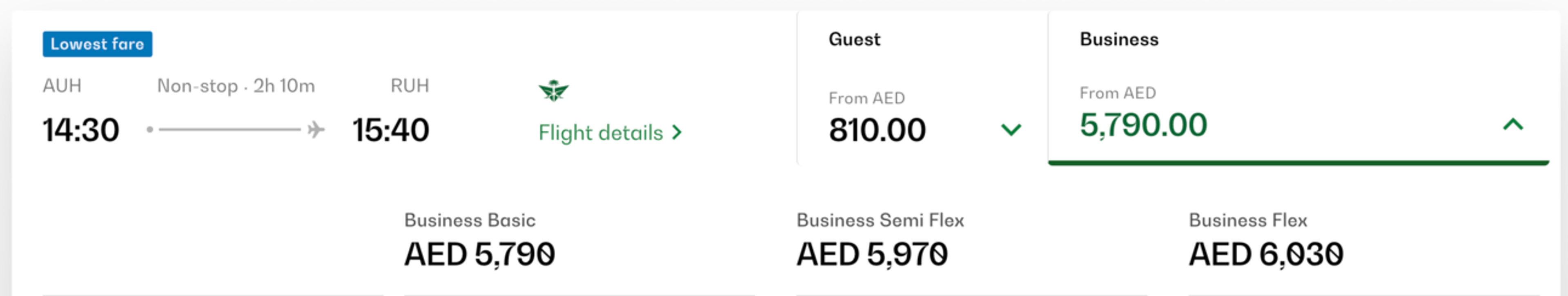 An example of how much more expensive a business-class flight is compared to economy