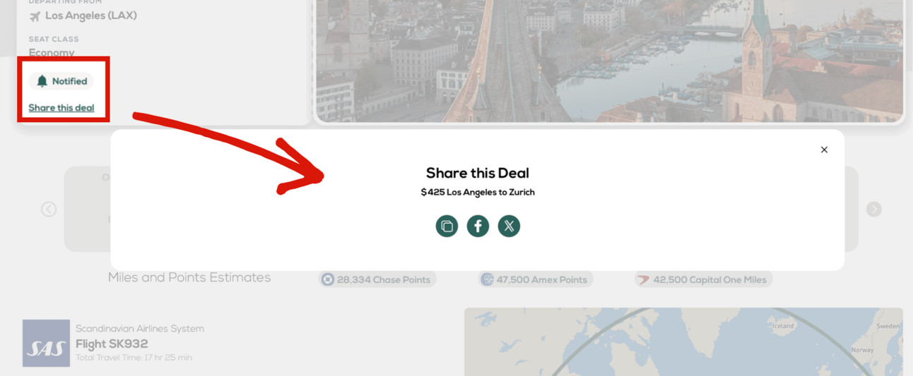 Screenshot showing FareDrop sharing feature