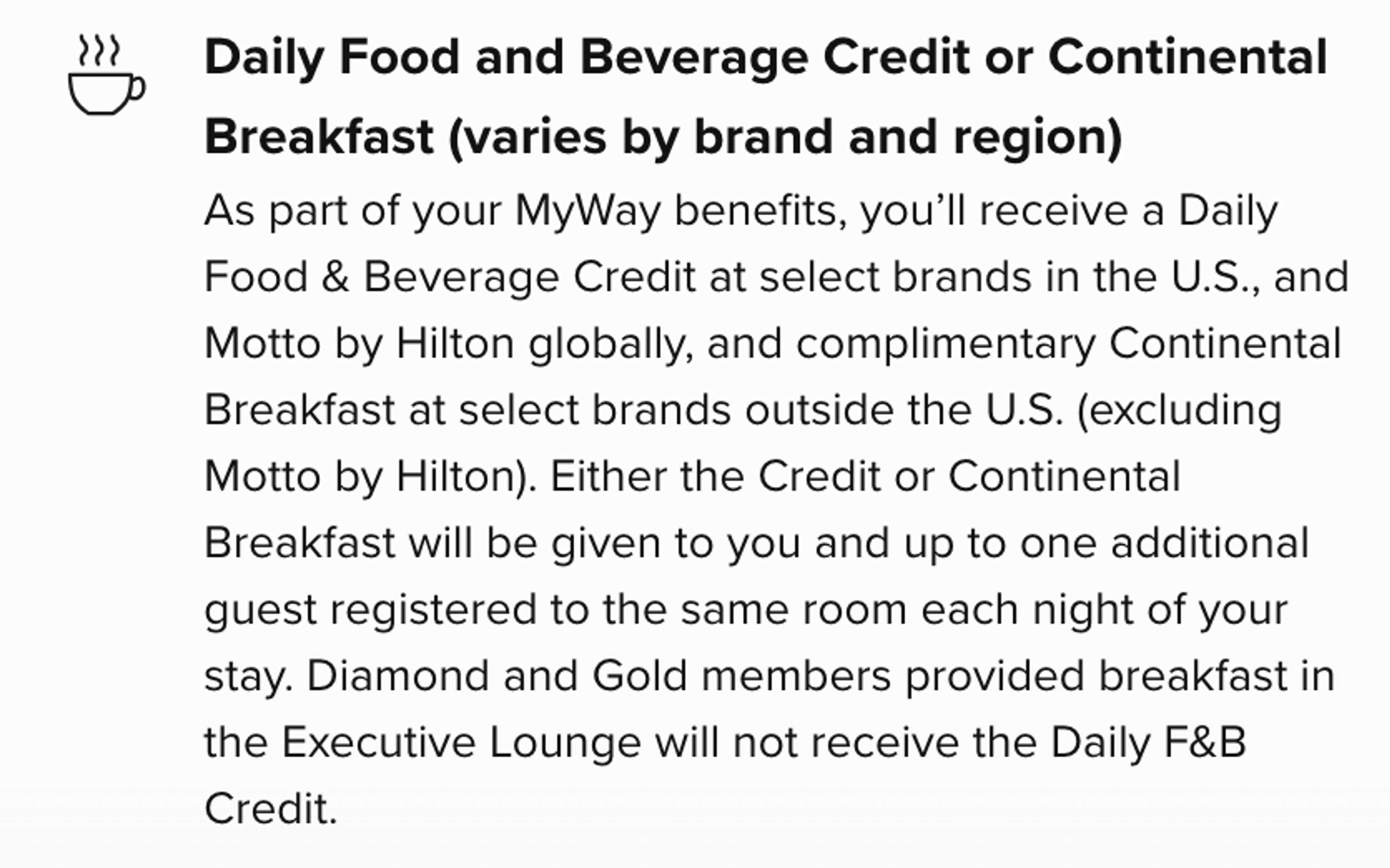 An image with text detailing the daily food and beverage voucher from Hilton