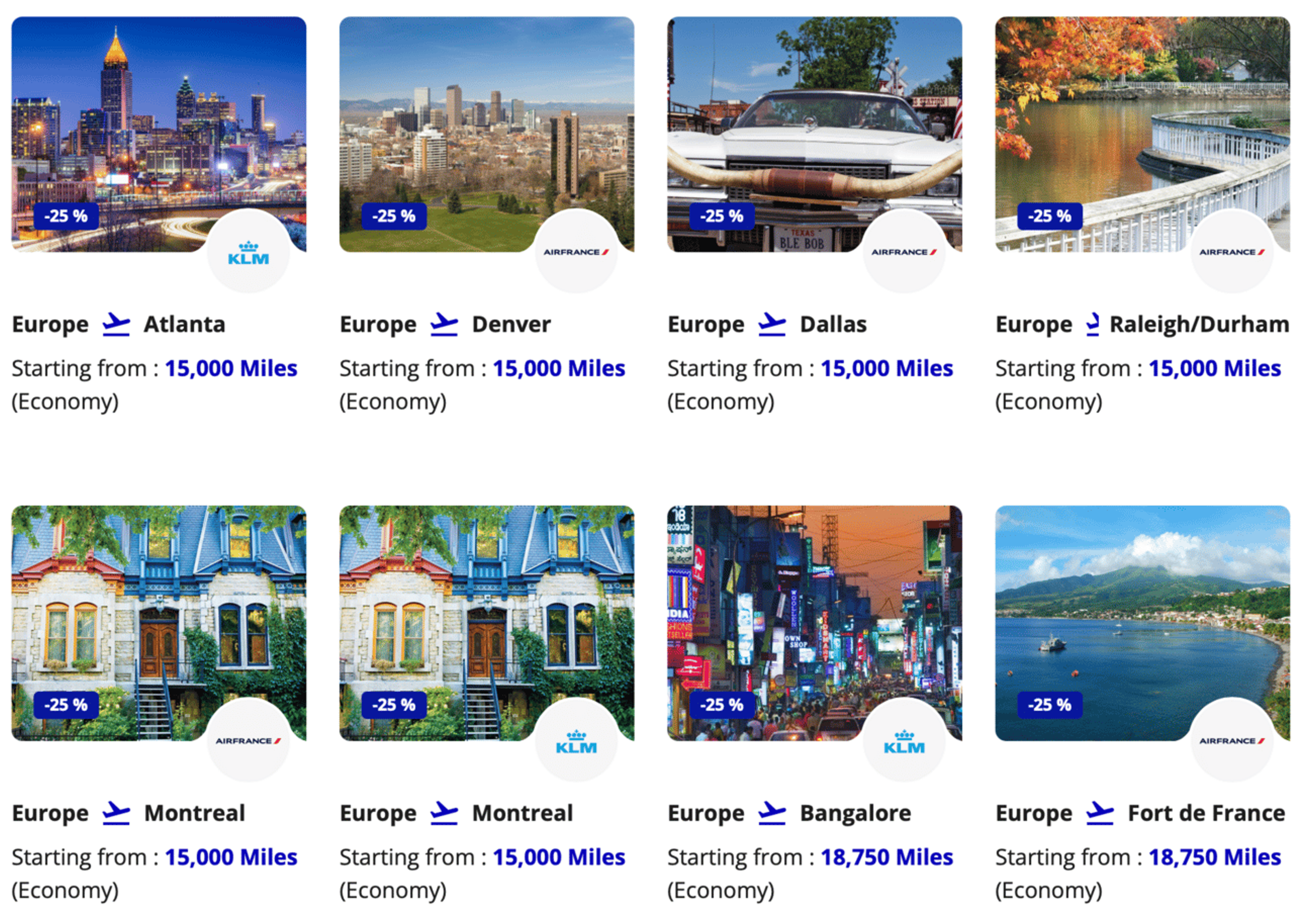 Screenshot of destinations featured for Flying Blue July Promo