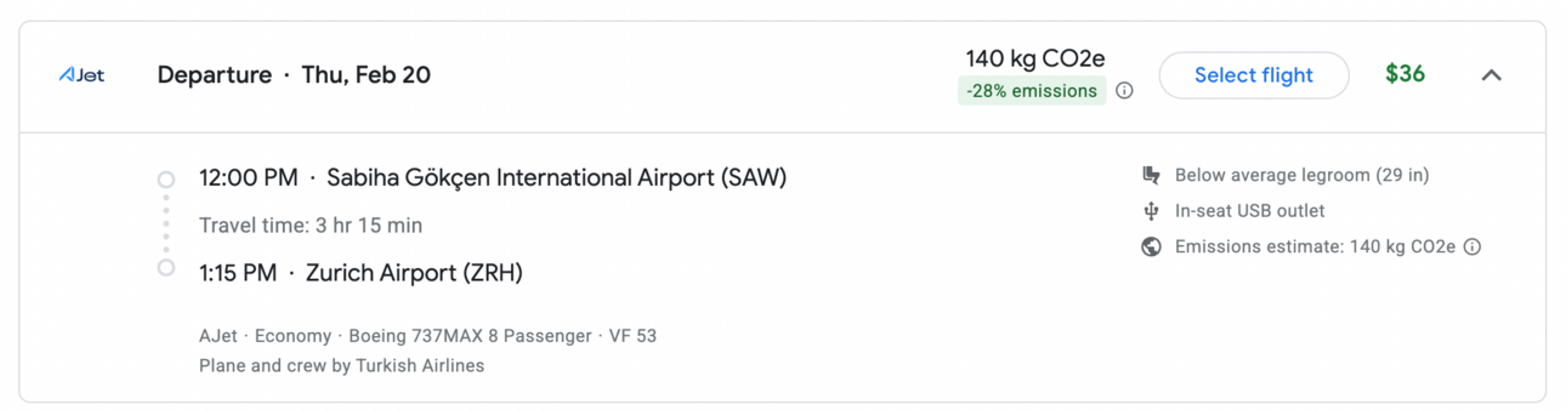 Example of a flight from Istanbul to Zurich for $35 through Google flights
