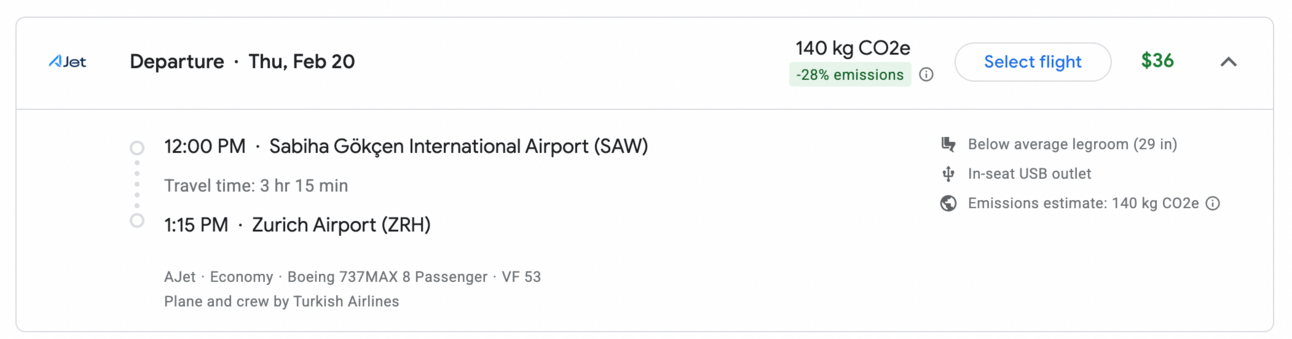 Example of a flight from Istanbul to Zurich for $35 through Google flights