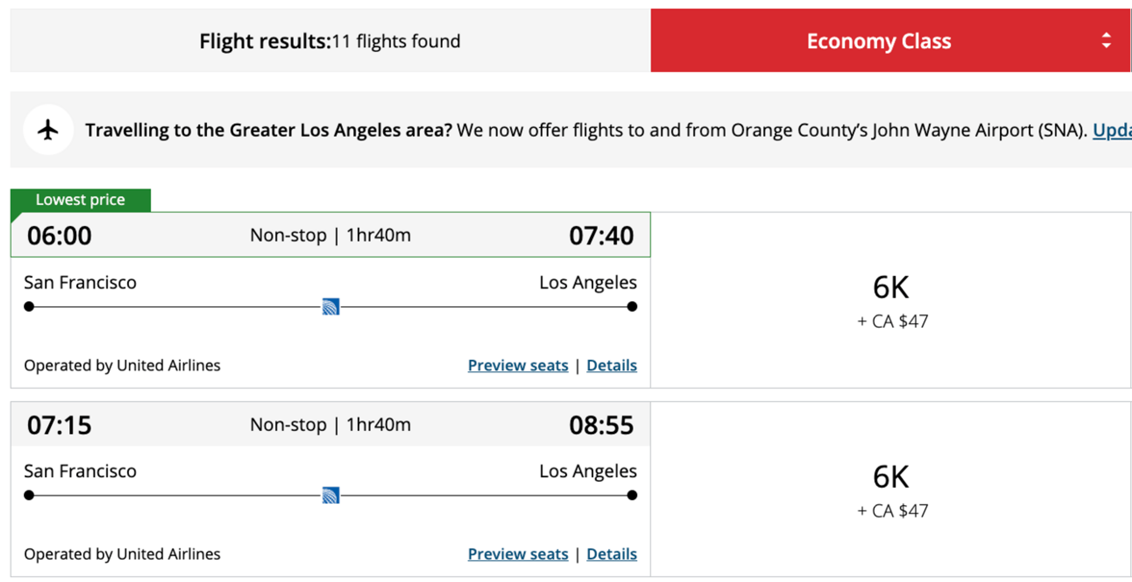 An example of flying on a domestic United flight for just 6,000 Aeroplan points