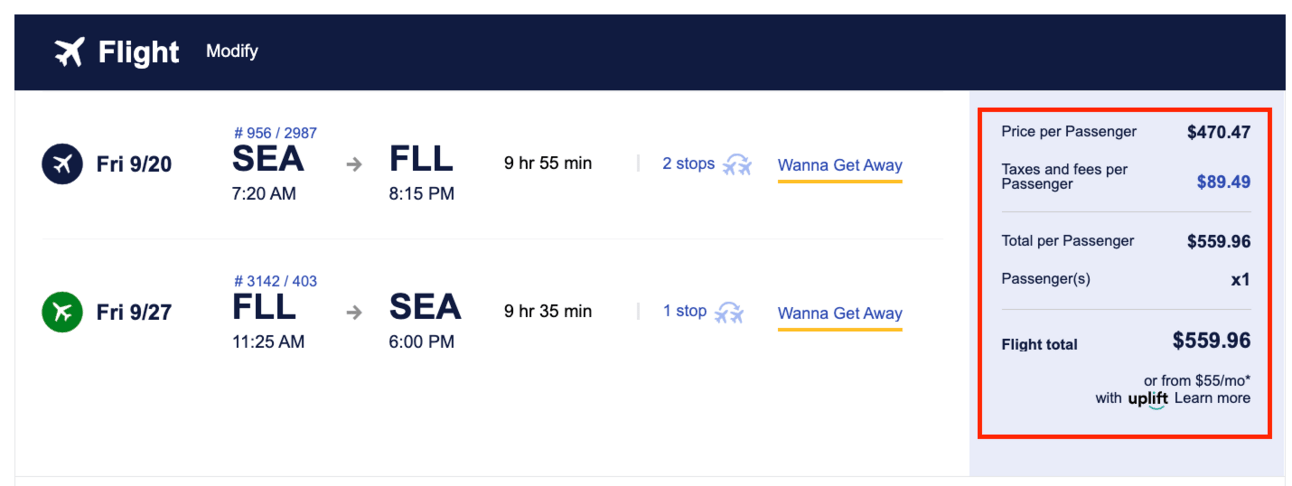 Example of a SW booking from SEA-FLL for $660