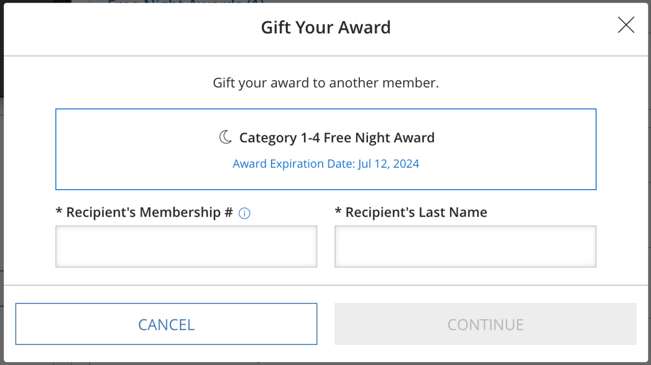 A screenshot of the final screen for gifting Hyatt awards to other members
