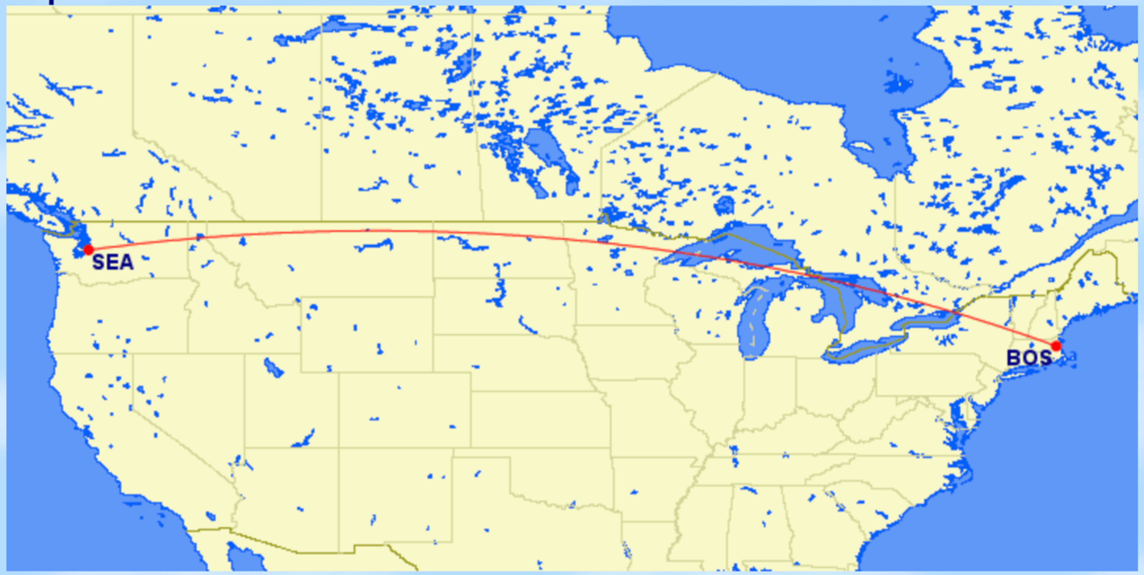 Map of an itinerary from Seattle to Boston