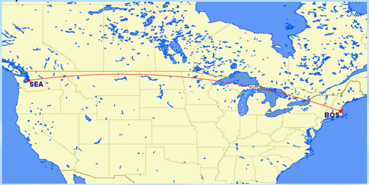 Map of an itinerary from Seattle to Boston