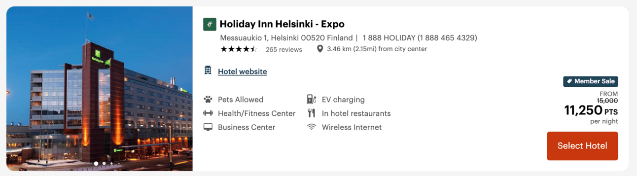 Holiday Inn Helsink for 11,250 points per night