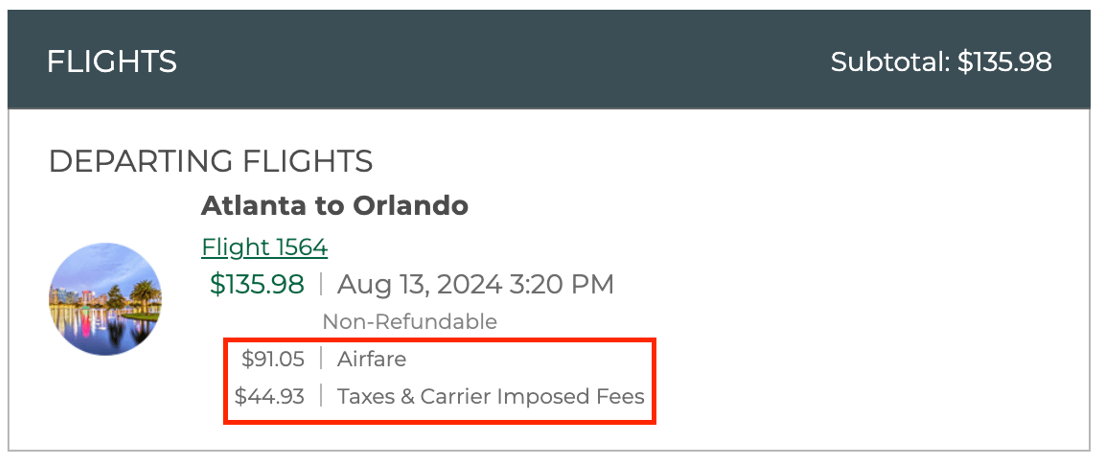A breakdown of the aifare, taxes, and fees of this flight
