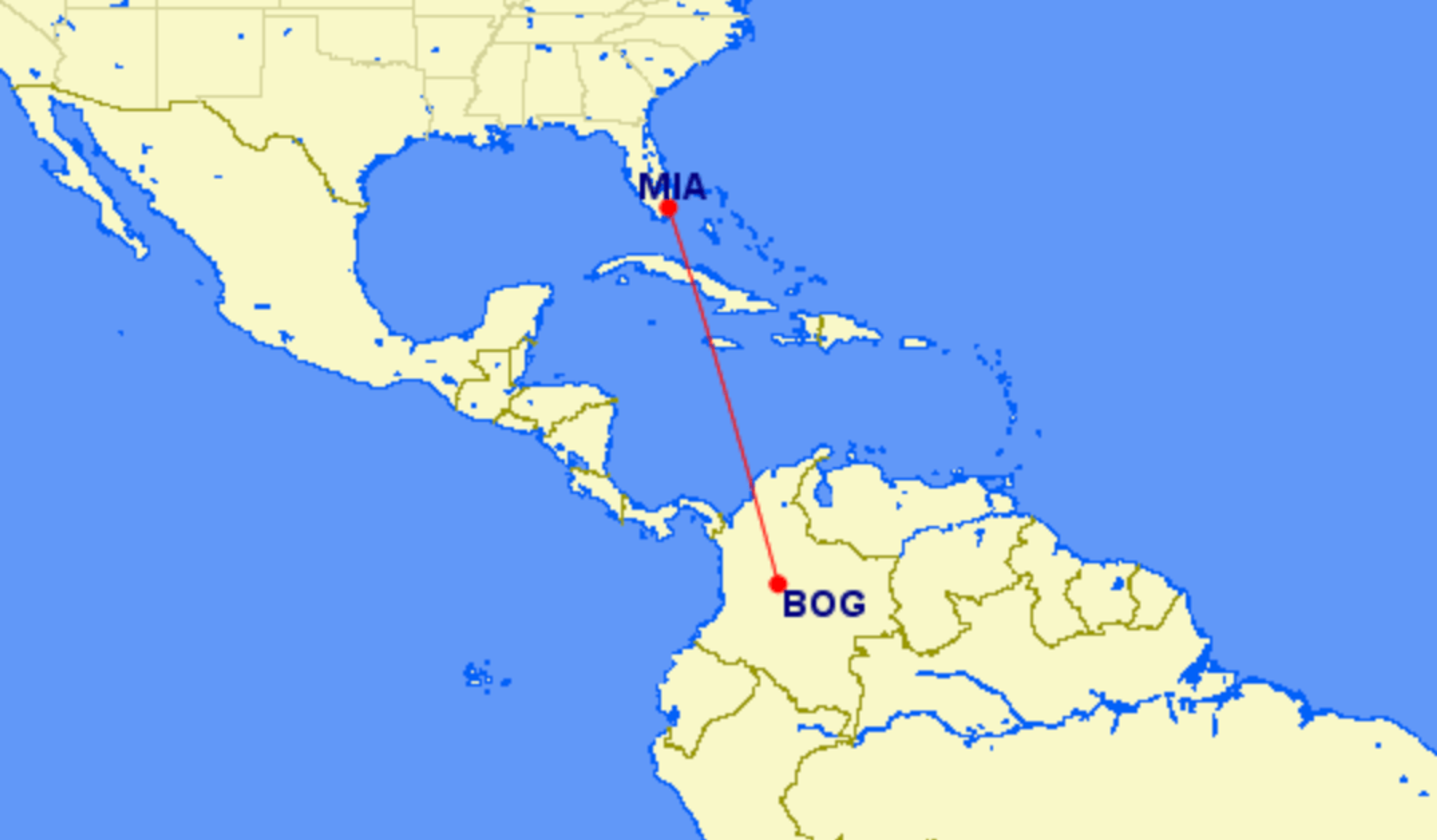 A map showing the new Emirates fifth freedom route from Miami to Bogota
