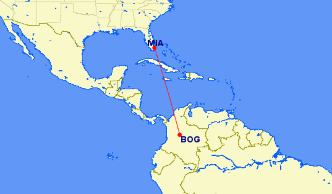 A map showing the new Emirates fifth freedom route from Miami to Bogota