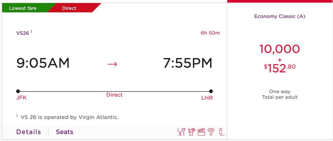A sample flight from New York to London for 10,000 miles