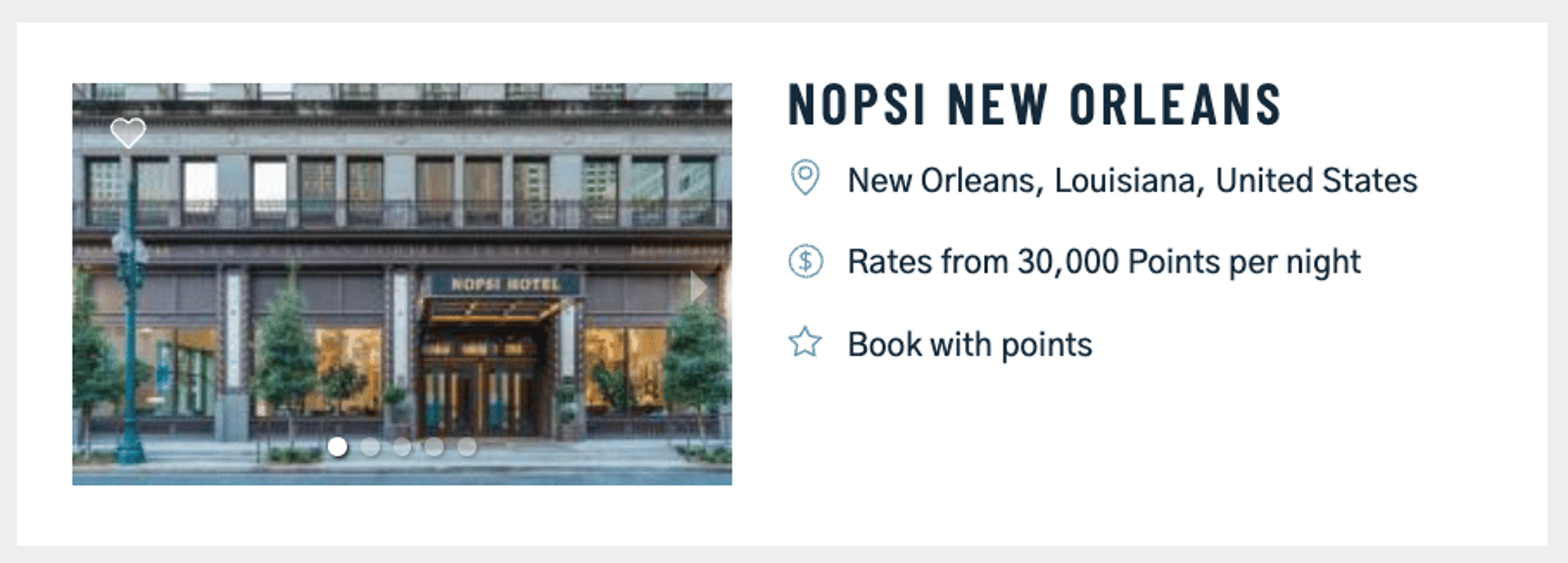 Example of a hotel in New Orleans bookable for 30,000 Preferred hotel points