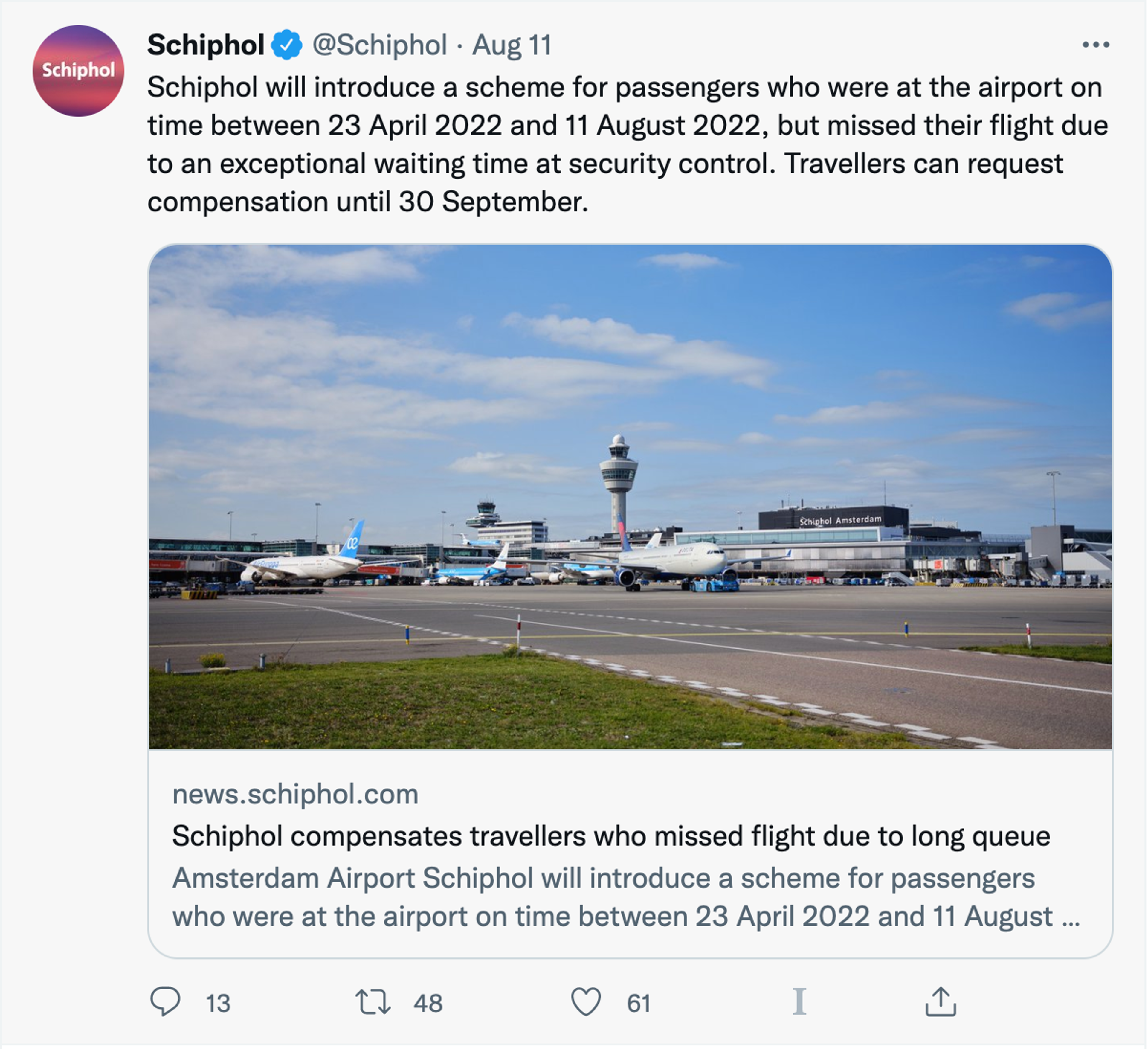 schiphol airport tweet