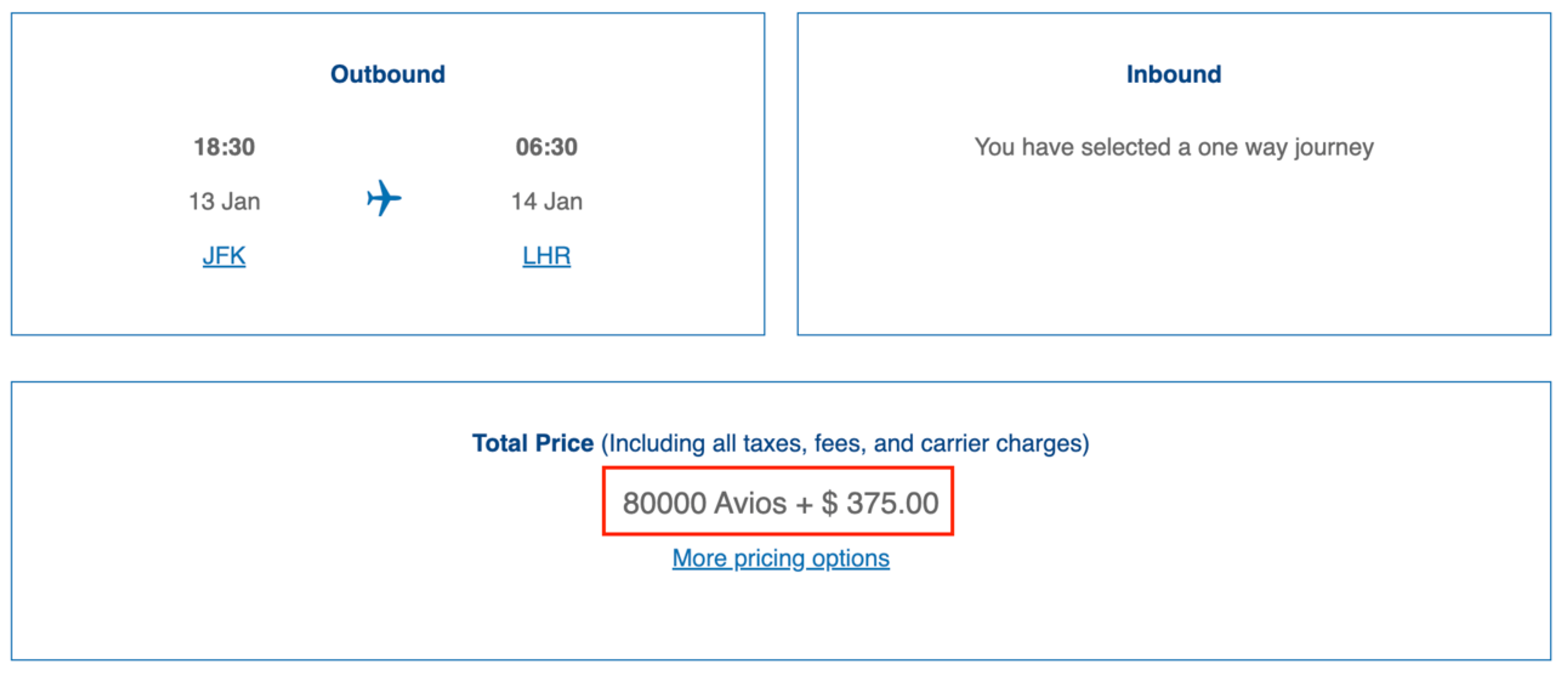 The same flight booked through British Airways Avios for 80,000 points