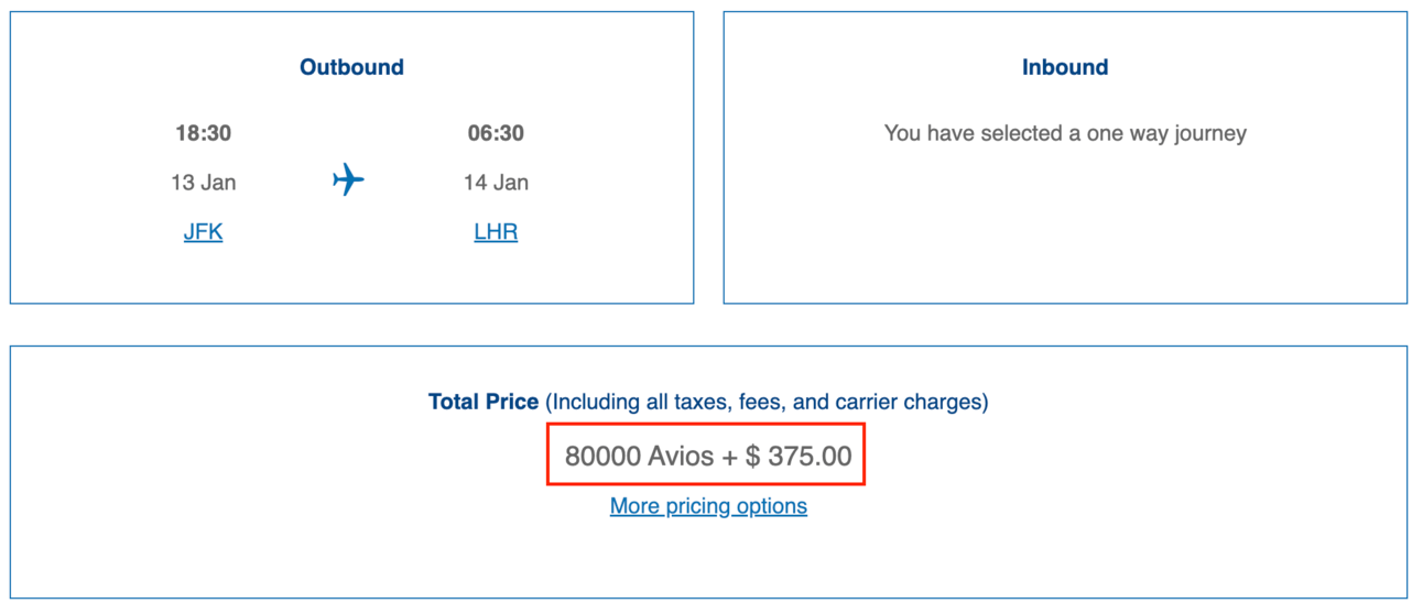 The same flight booked through British Airways Avios for 80,000 points