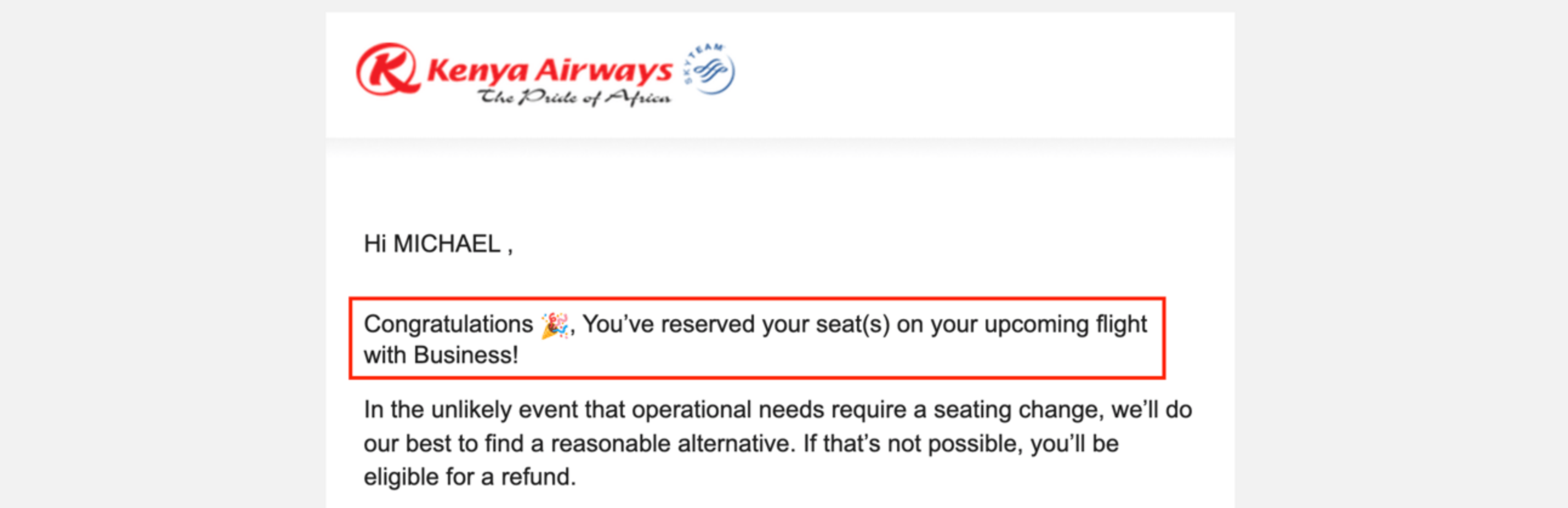 Kenya Airways upgrade bid email