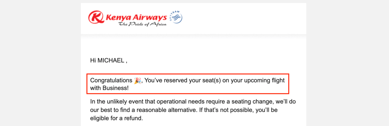 Kenya Airways upgrade bid email