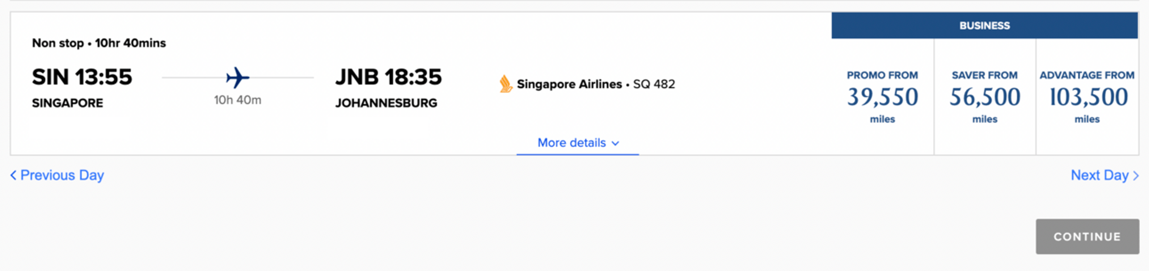 Singapore to Johannesburg for 39,000 miles in business