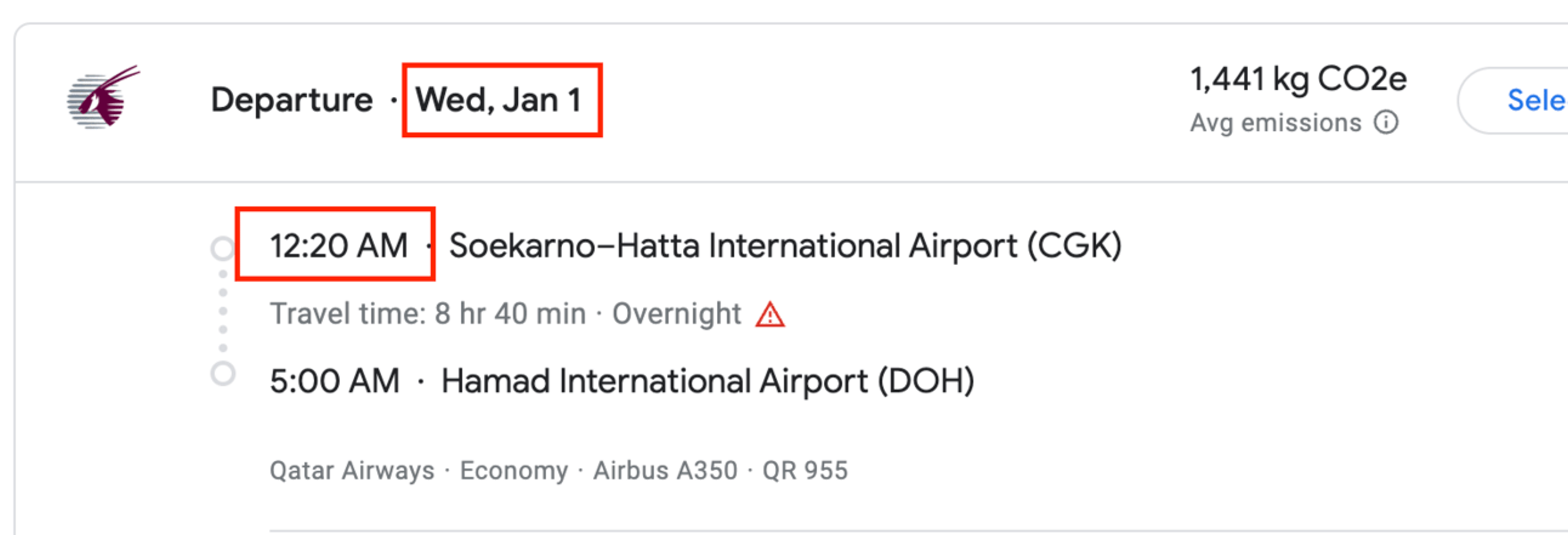 Screenshot from Google flights showing my upcoming Qatar airways flight