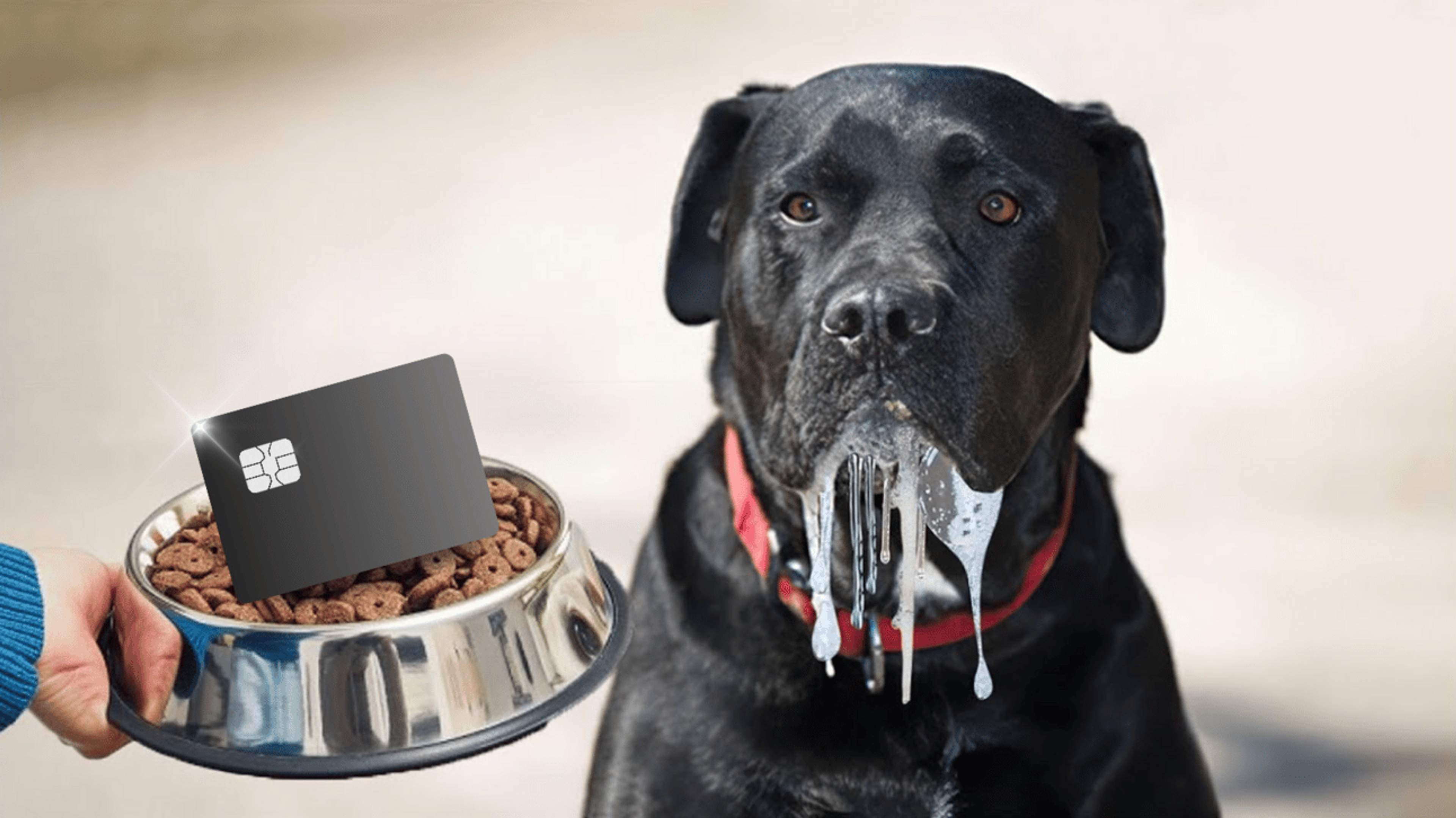 Dog drooling over a credit card sitting in a bowl of food