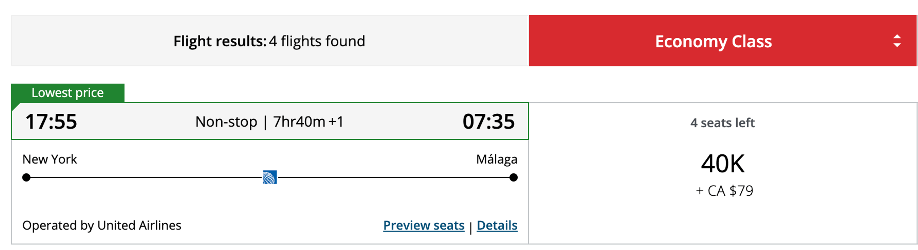 Newark to Malaga on United using Aeroplan points