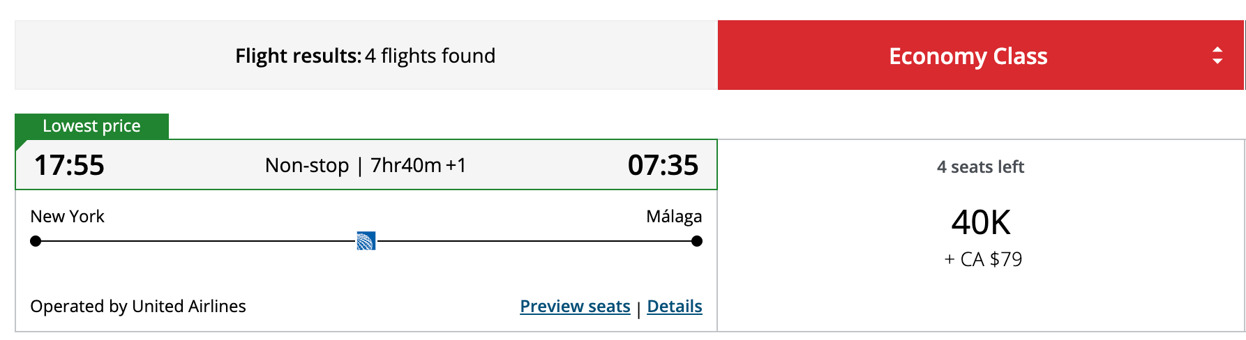 Newark to Malaga on United using Aeroplan points