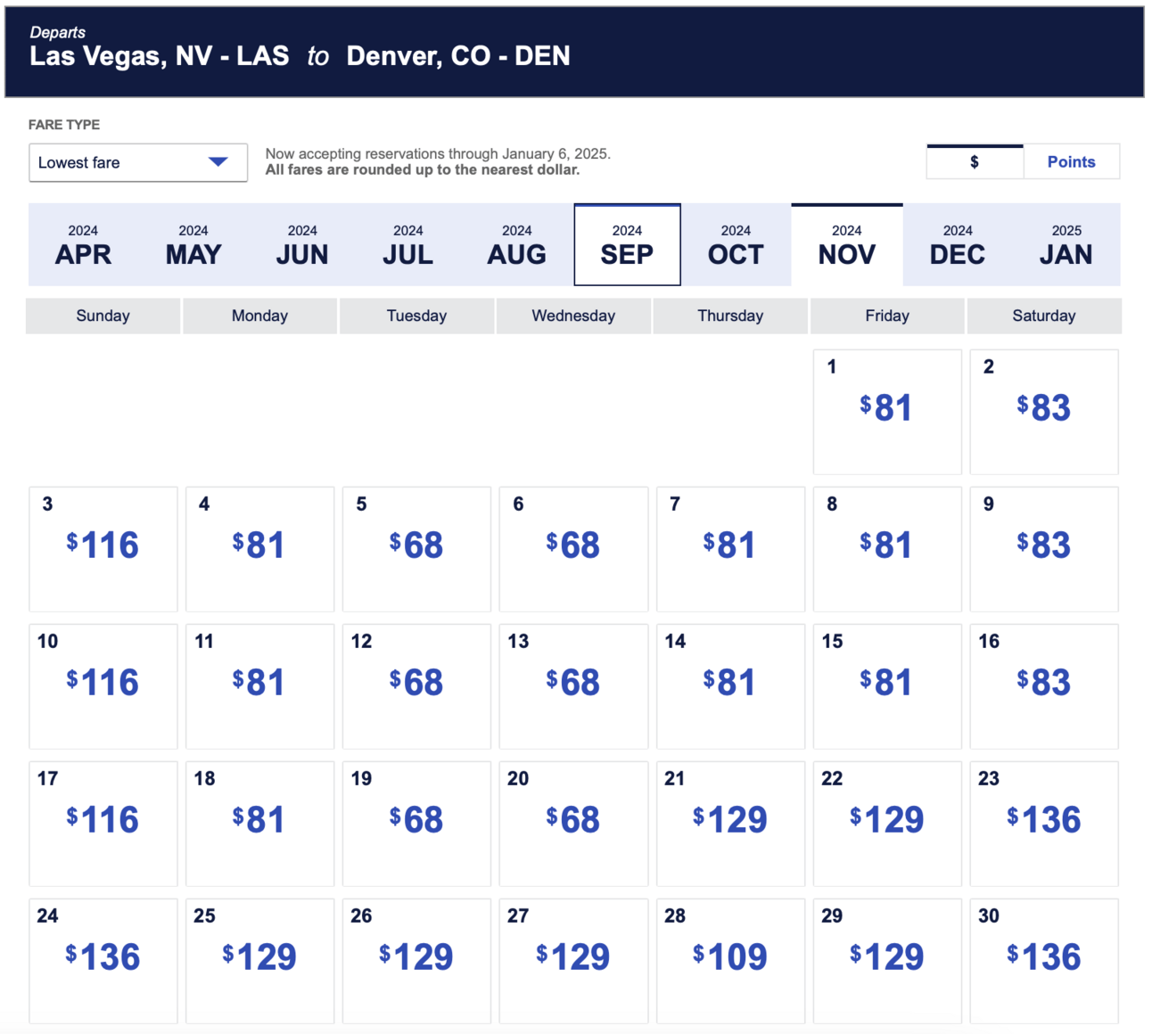 An example of a Southwest booking from Las Vegas to Denver